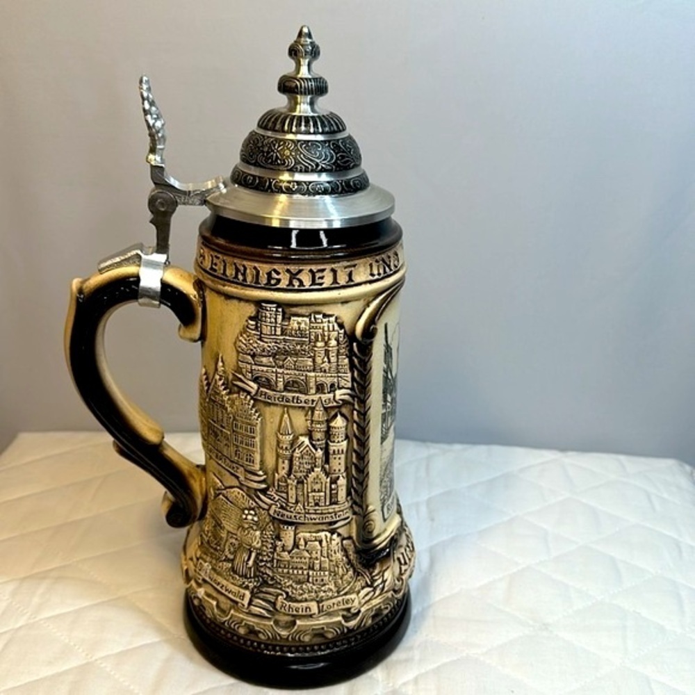Rothenburg German Beer Stein Rustic Natural With Silver Tone Pewter Cup Vintage - Picture 15 of 15